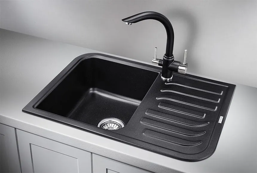 7001, ШВАРЦ (чёрный металлик), кухонная мойка, кварц