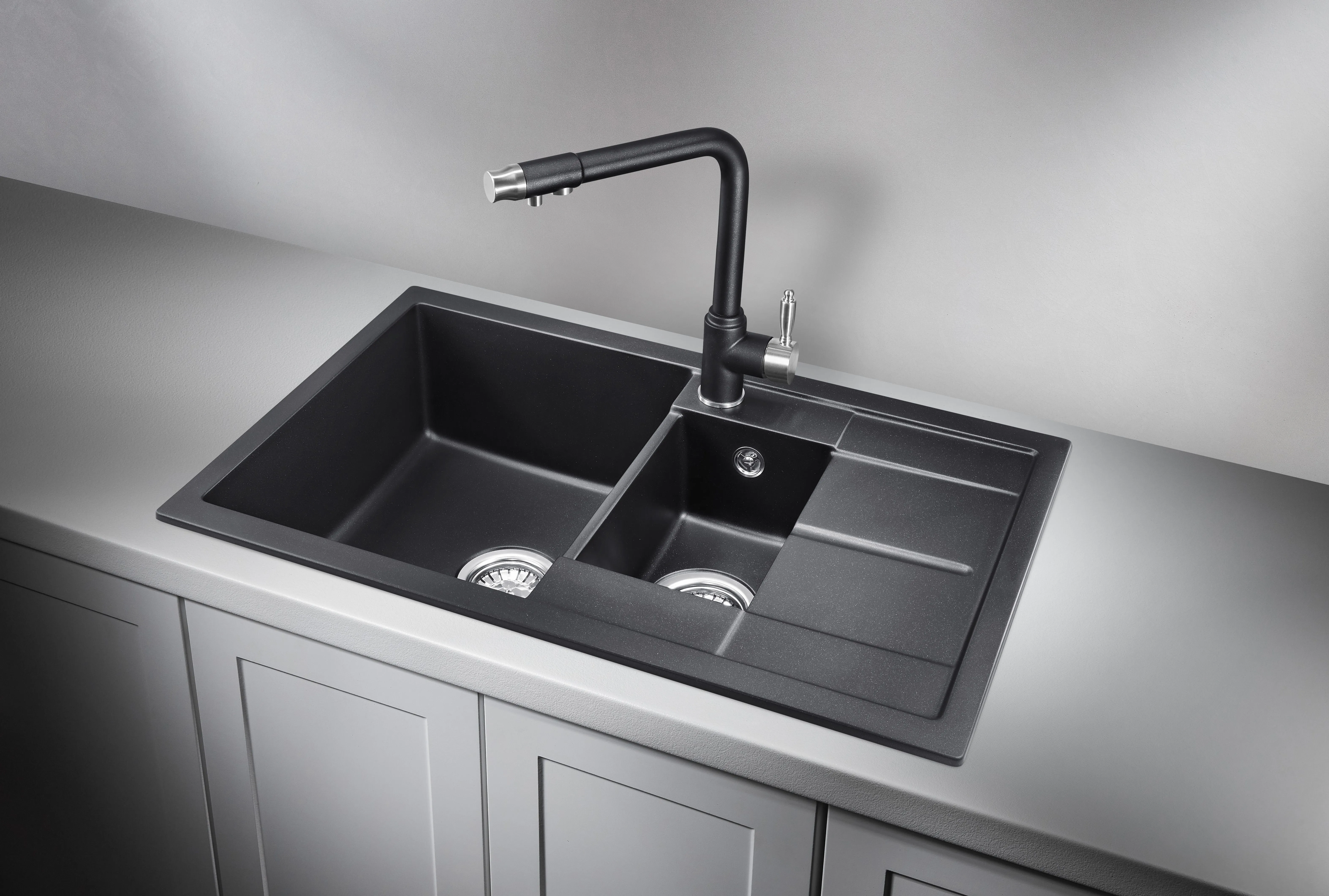 7802, ШВАРЦ (чёрный металлик), кухонная мойка, кварц