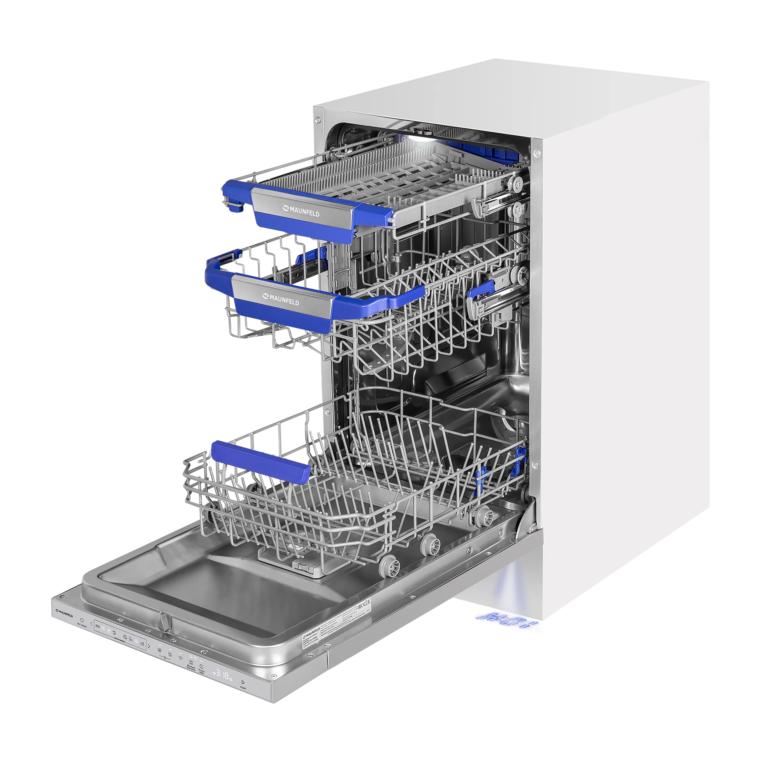Посудомоечная машина MAUNFELD MLP45330T Smart Beam Inverter Wi-Fi с автооткрыванием и проекцией таймера на пол Нержавеющая сталь
