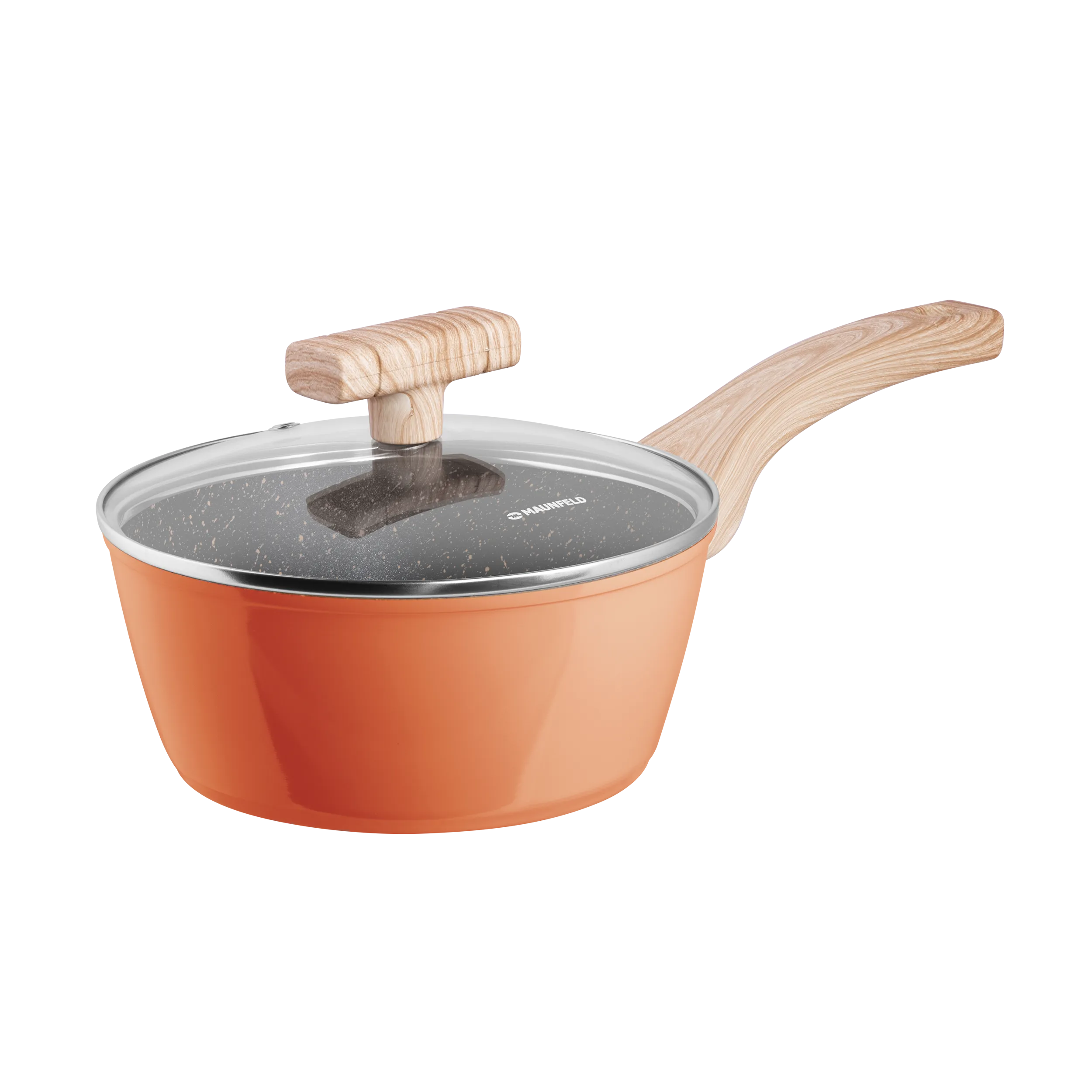 Ковш MAUNFELD MARTA MSP16FA06CL из кованого алюминия со стеклянной крышкой, 18 см, 1,6 л. Коралловый