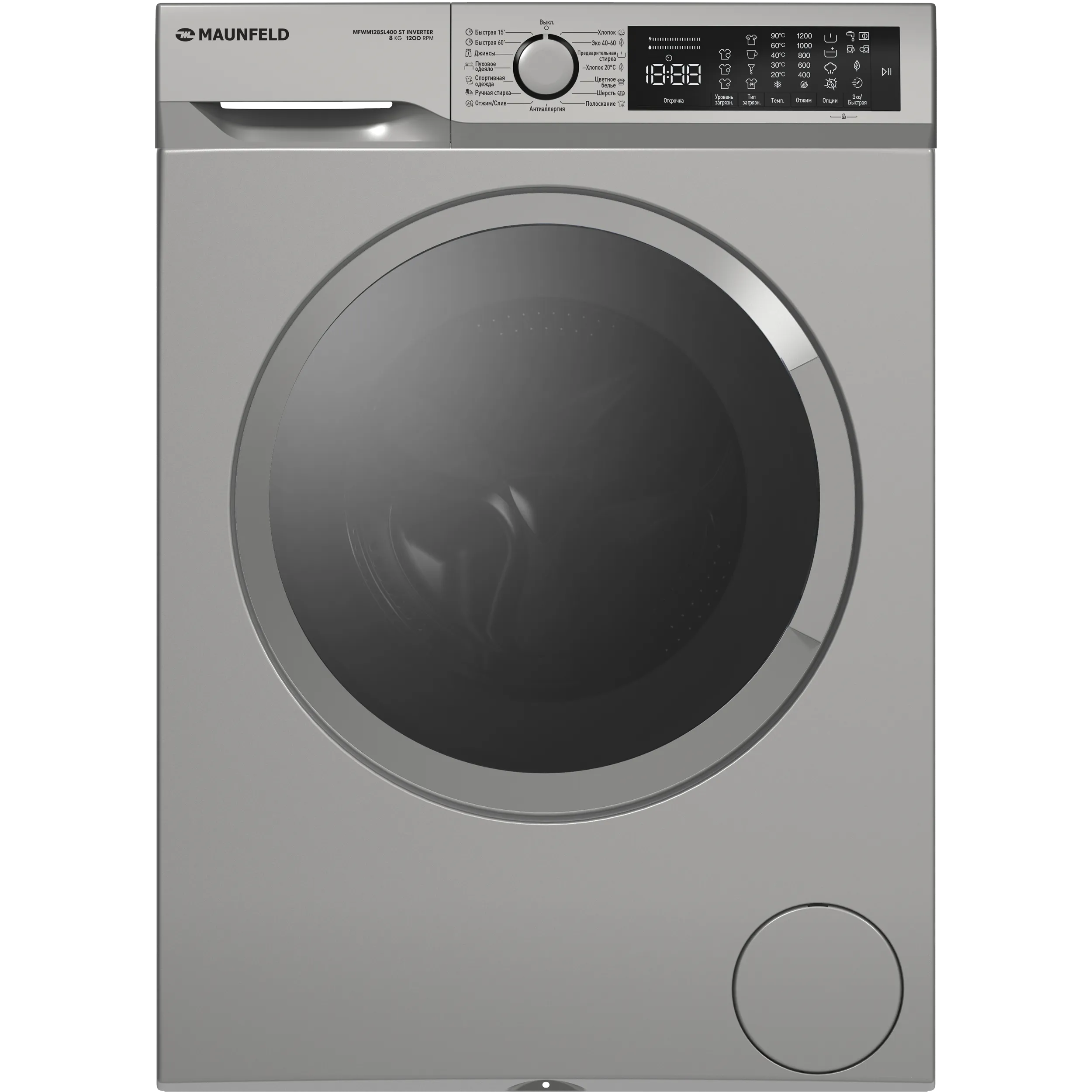 Стиральная машина с инвертором и паром MAUNFELD MFWM128400 ST INVERTER Нержавеющая сталь