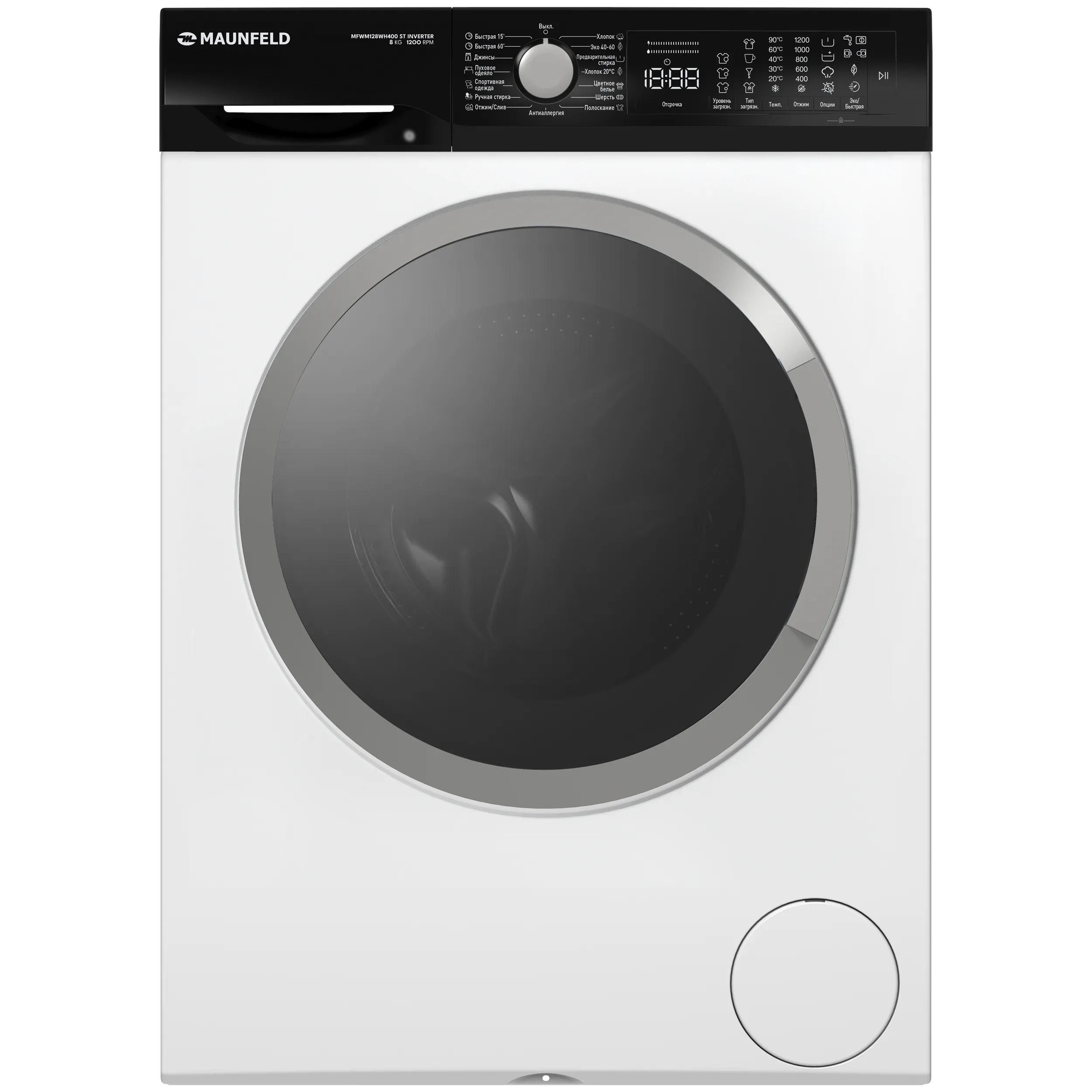 Стиральная машина с инвертором и паром MAUNFELD MFWM128400 ST INVERTER Белый/черная панель