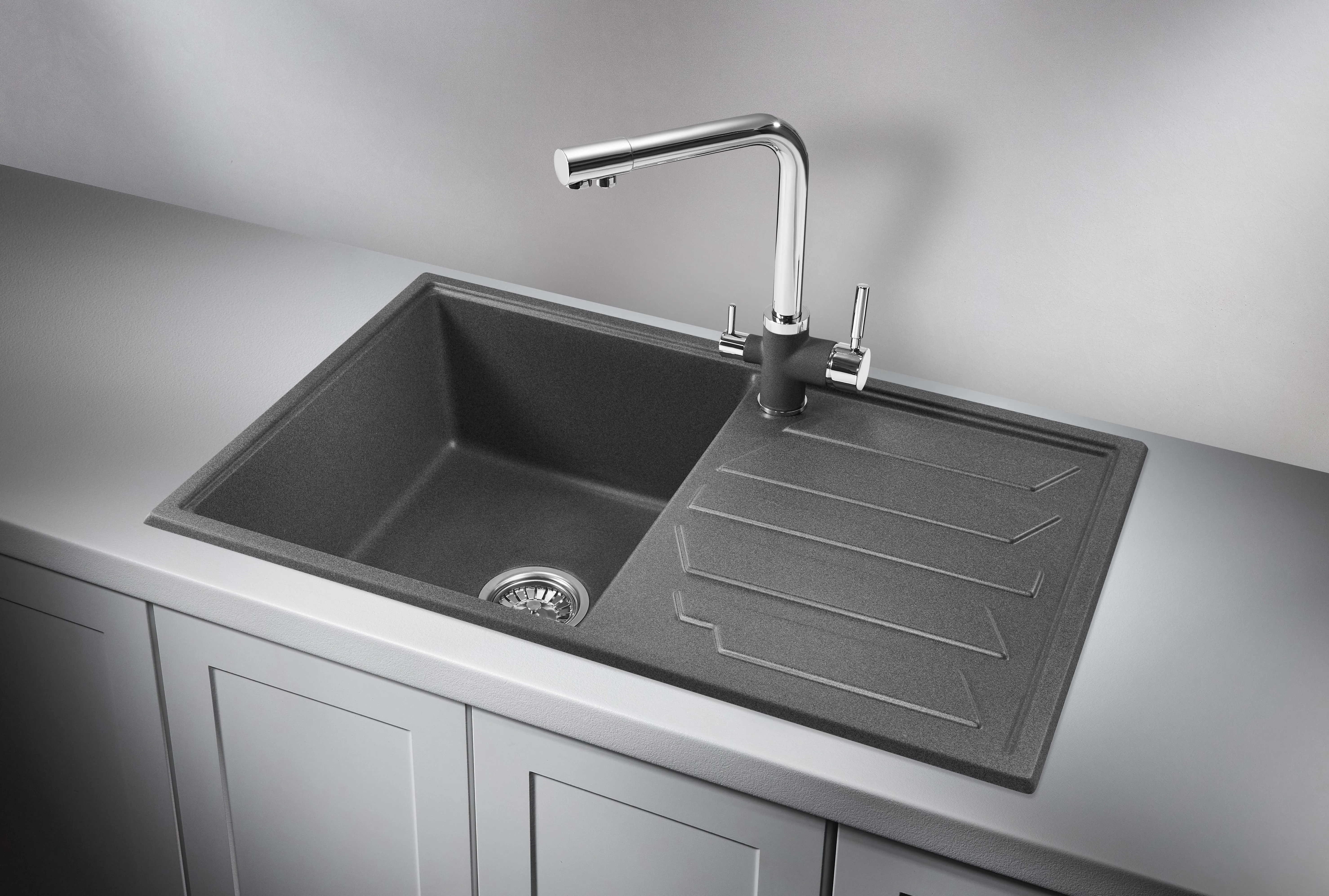 8002, ГРАФИТ (ЧЁРНО-СЕРЫЙ), кухонная мойка, кварц