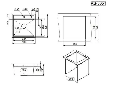 KS-5051, ГРАФИТ МАТОВЫЙ, стальная кухонная мойка KITCHEN SPACE