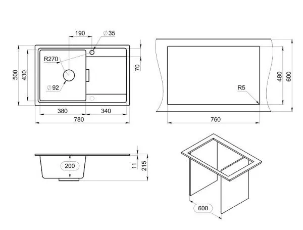 7804, АРКТИК (БЕЛЫЙ), кухонная мойка, кварц