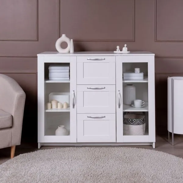 2.02.03.380.1 СИРИУС тумба 2 двери со стеклом и 3 ящика 117х95 белая RU 2.02.03.380.1 СИРИУС тумба 2 двери со стеклом и 3 ящика 117х95 белая RU