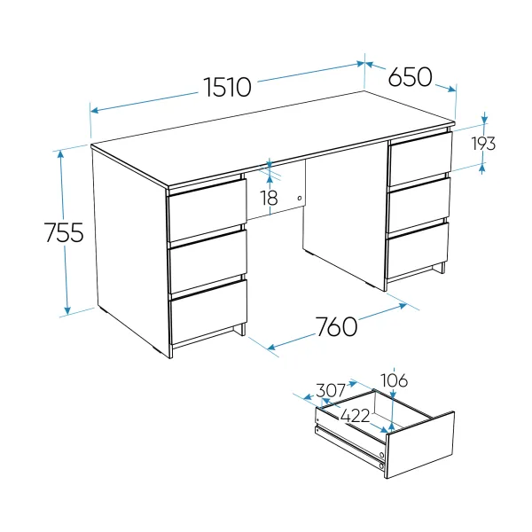 2.03.06.040.1 КАСТОР стол письменный 6 ящиков 151х65 RU белый 2.03.06.040.1 КАСТОР стол письменный 6 ящиков 151х65 RU белый