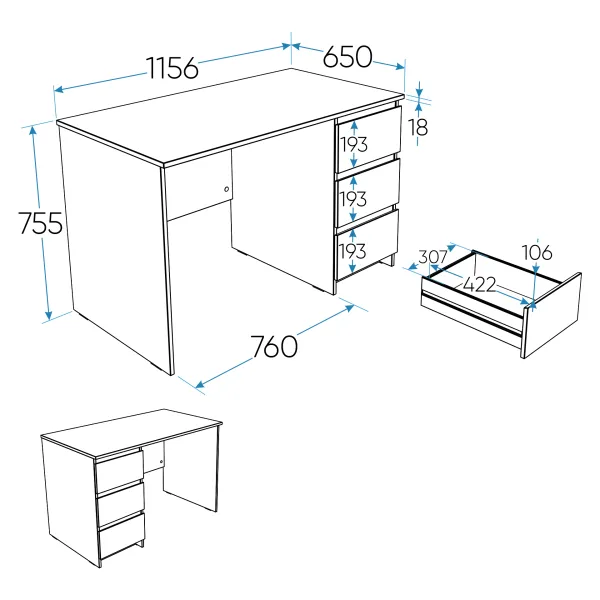 2.03.06.090.1 КАСТОР стол письменный 3 ящика 116х65 RU белый 2.03.06.090.1 КАСТОР стол письменный 3 ящика 116х65 RU белый