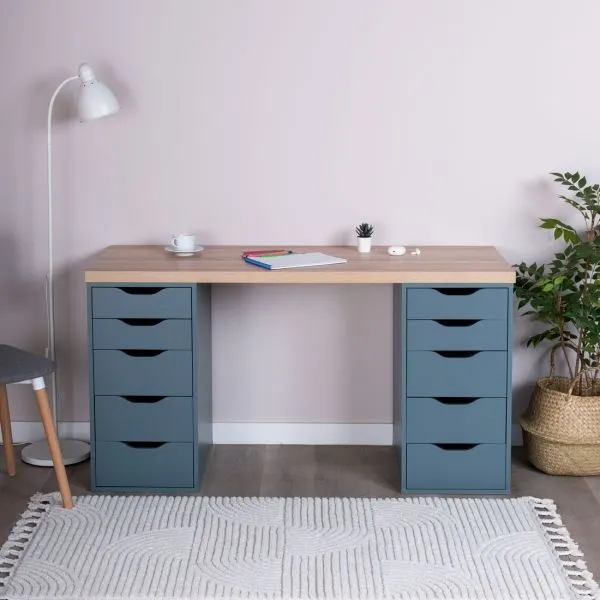 S01170 Ингар 2/55 стол письменный 140x75x55, дуб беленый/серо-бирюзовый