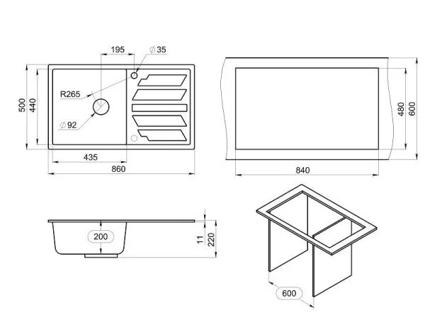 8601, ШВАРЦ (чёрный металлик), кухонная мойка, кварц