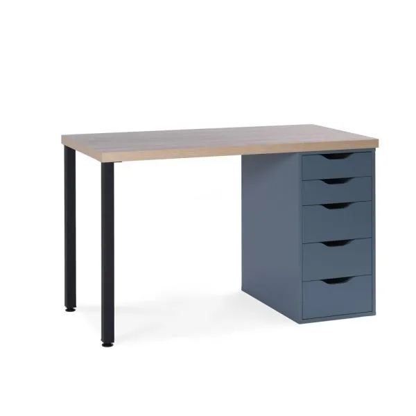 S01378 Ингар 1/5Т стол письменный 120x75x55, дуб беленый/серо-бирюзовый/черный