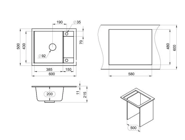 6002, ГРАФИТ (ЧЁРНО-СЕРЫЙ), кухонная мойка, кварц