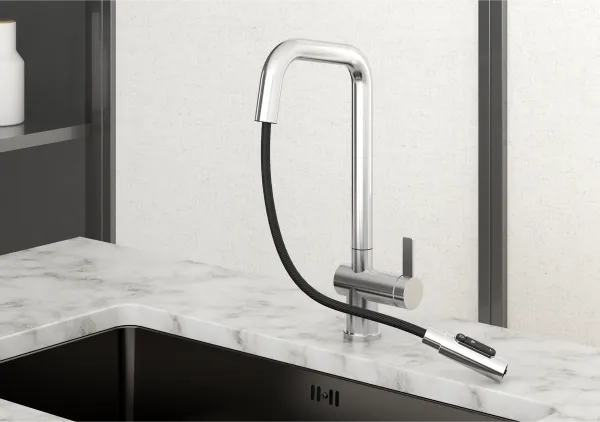 KS-7273, СТАЛЬ САТИН, Смеситель кухонный с выдвижным изливом с переключением на душ и фильтром,сталь