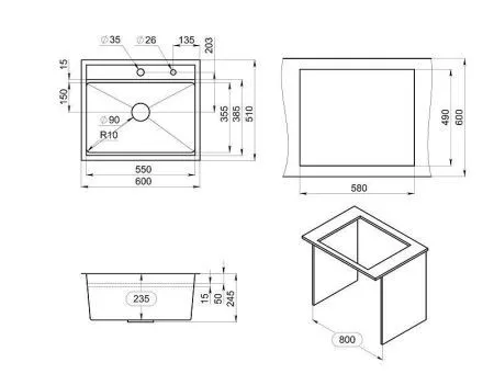 KS-6051, ГРАФИТ МАТОВЫЙ, стальная кухонная мойка KITCHEN SPACE